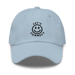 Light blue baseball cap with black embroidered "Let's Connect" and smiley face on front (front view)