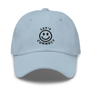 
                  
                    Light blue baseball cap with black embroidered "Let's Connect" and smiley face on front (front view)
                  
                