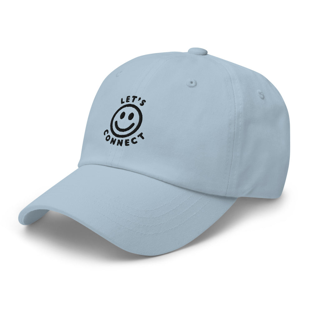 
                  
                    Light blue baseball cap with black embroidered "Let's Connect" and smiley face on front (side view)
                  
                