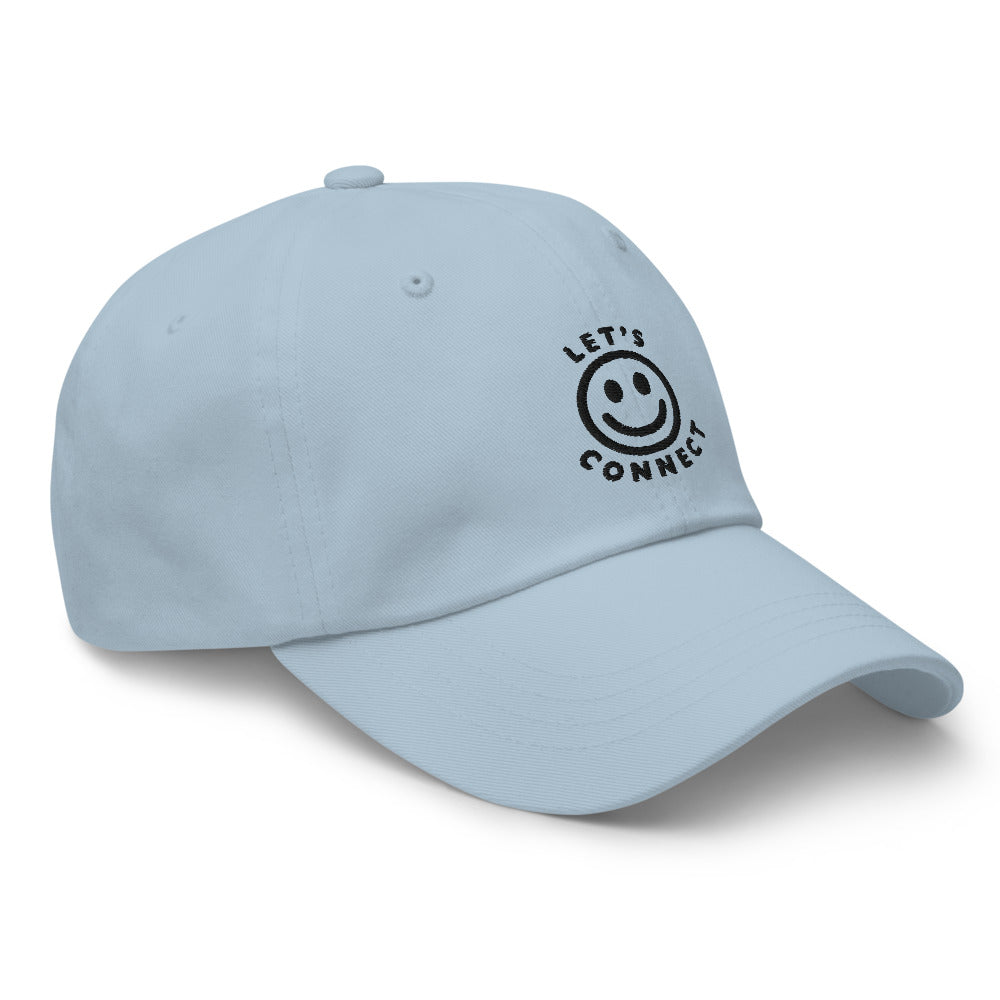
                  
                    Light blue baseball cap with black embroidered "Let's Connect" and smiley face on front (side view)
                  
                