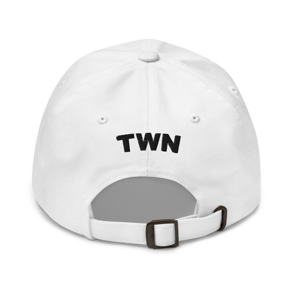 
                  
                    White cap with black embroidered "TWN" on back (back view)
                  
                