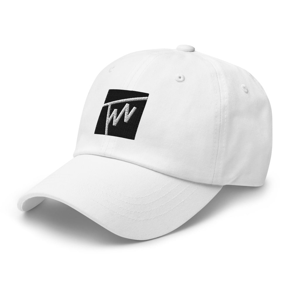 
                  
                    White cap with black embroidered square TWN logo on front (side view)
                  
                