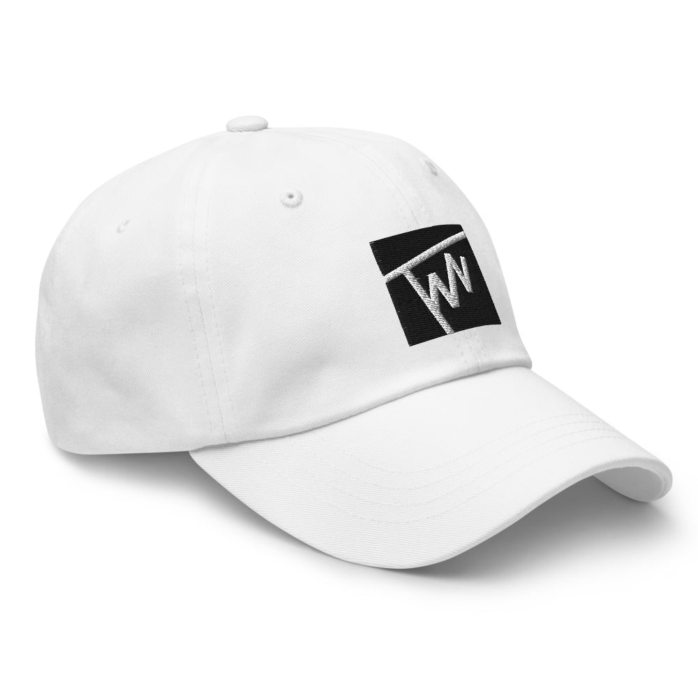 White cap with black embroidered square TWN logo on front (side view)