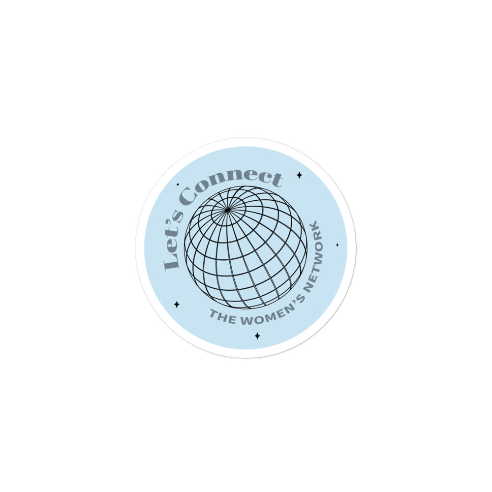 Light blue and black "Let's Connect" and "The Women's Network" starry globe sticker.