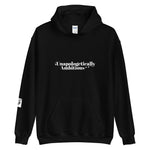 Black unisex hoodie with “Unapologetically Ambitious” on front print and TWN logo on right sleeve (front view)