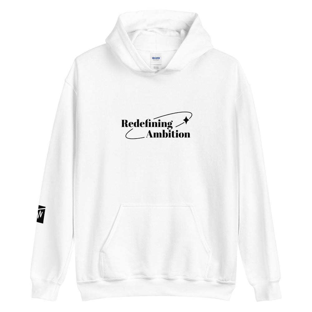 White unisex hoodie with starry “Redefining Ambition” on front print and TWN logo on right sleeve (front view)