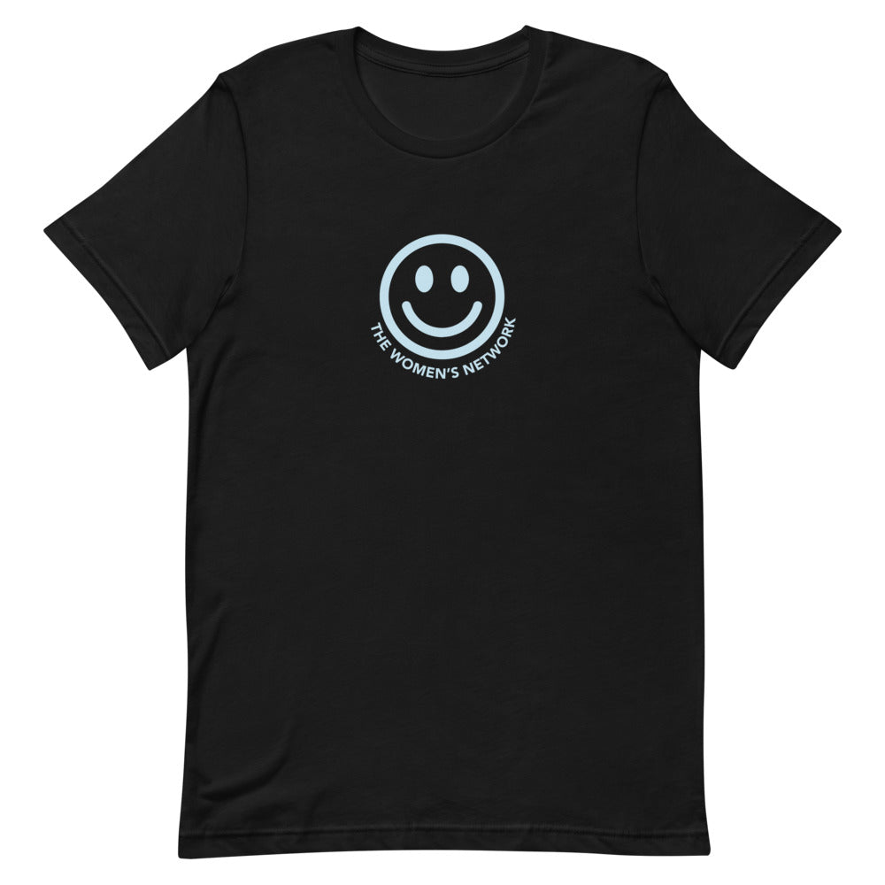 Black t-shirt with light blue smiley face and 